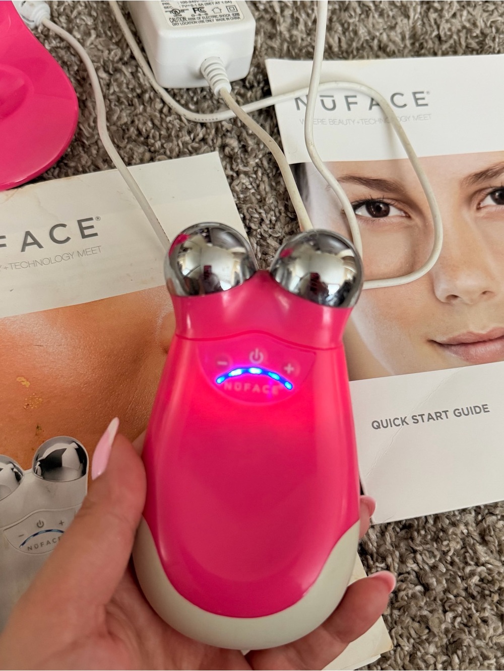NuFACE Trinity Pink Facial Toning Device w/ Charging Stand, Adapter, Manuals